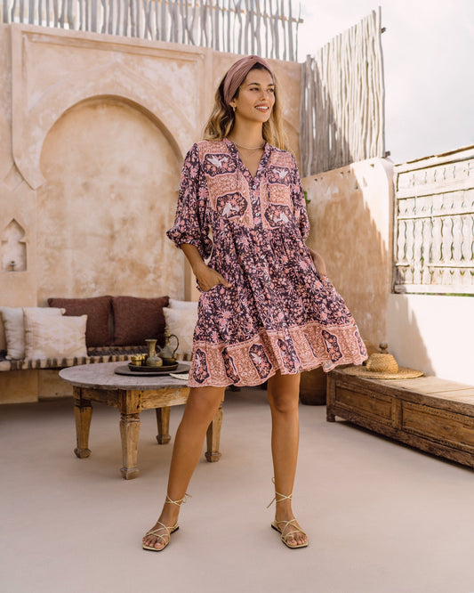 Image of Dresses. Productname: Heychic Araminta Floral Boho Button Down Mini Dress in Purple colour by brand - Heychic