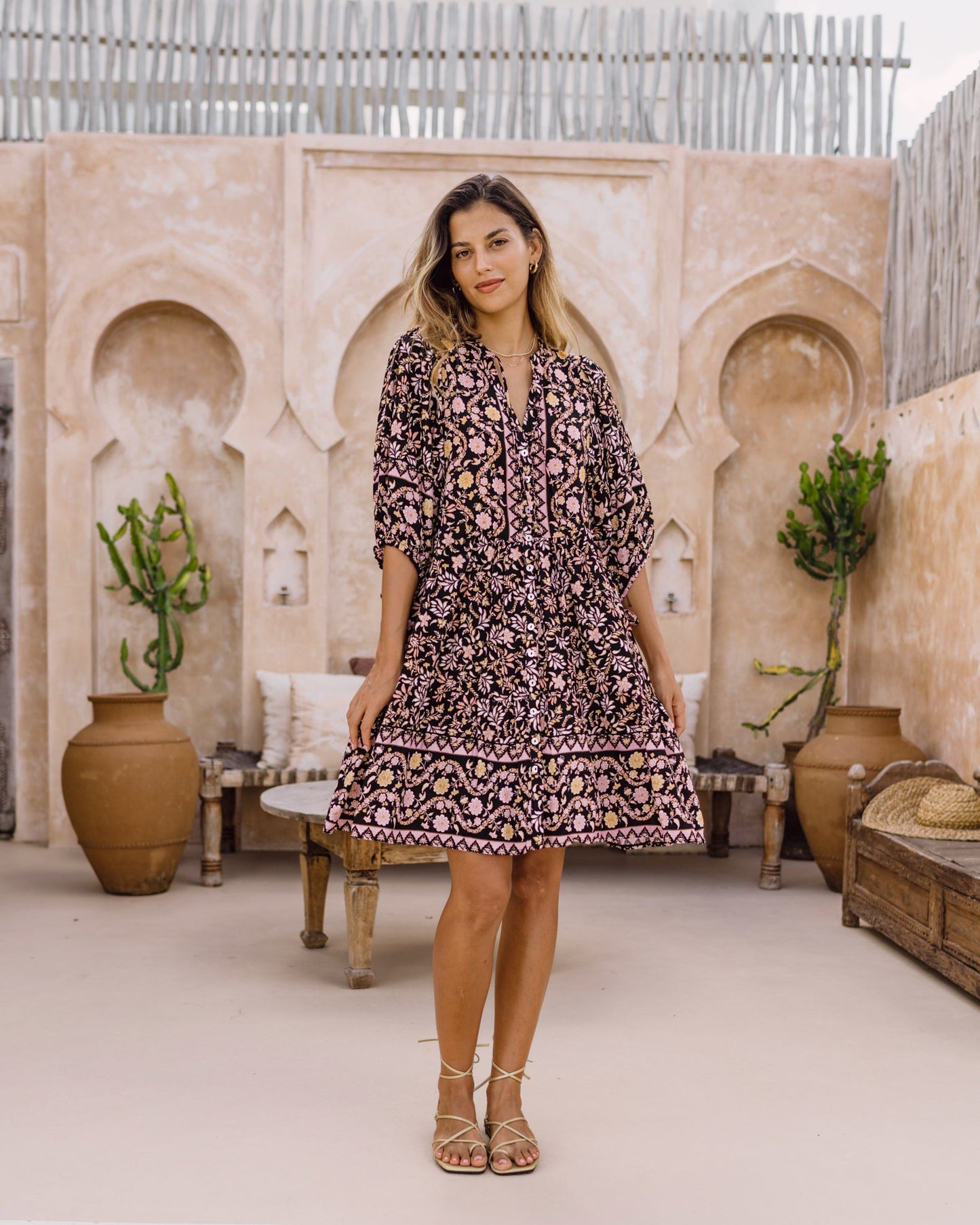 Image of Dresses. Productname: Heychic Laila Black Floral Boho Button Down Mini Dress in Black colour by brand - Heychic