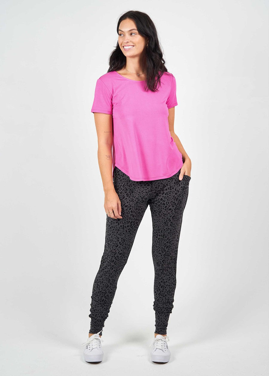 Image of a model wearing Tops. Product name - Janis Short Sleeve Bamboo T-Shirt Rose Violet in Rose Violet colour by brand - Lou Lou