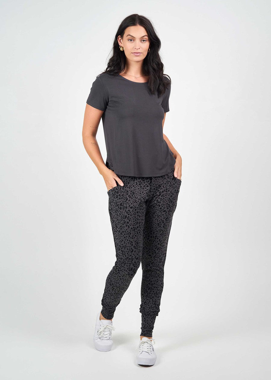 Image of a model wearing Tops. Product name - Janis Short Sleeve Bamboo T-Shirt Steel in Steel colour by brand - Lou Lou