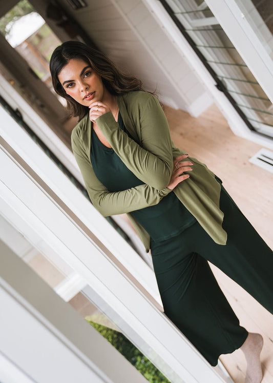Image of Cardigans. Product name - Joni Bamboo Waterfall Cardigan/Jacket Olive in Olive colour by brand - Lou Lou