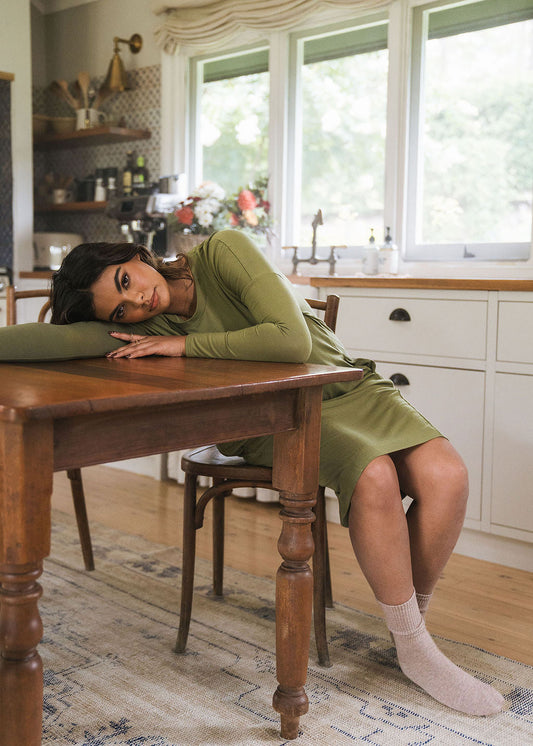 Image of Dresses. Product name - Turner Long-Sleeve Bamboo T-Shirt Dress Olive in Olive colour by brand - Lou Lou