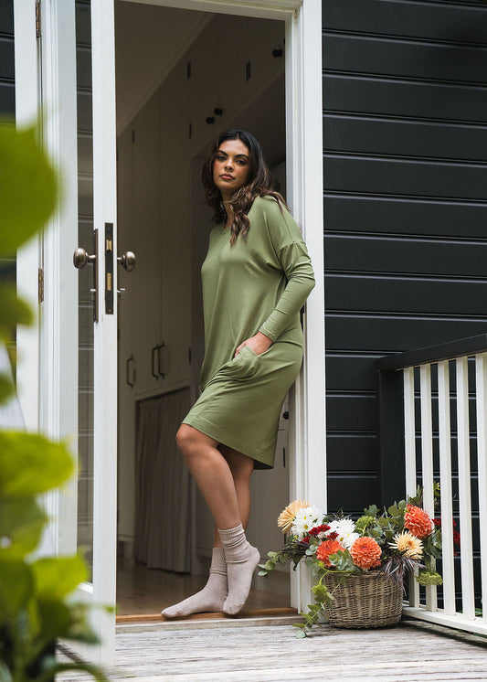 Lou Lou Turner Long-Sleeve Bamboo T-Shirt Dress (Olive)