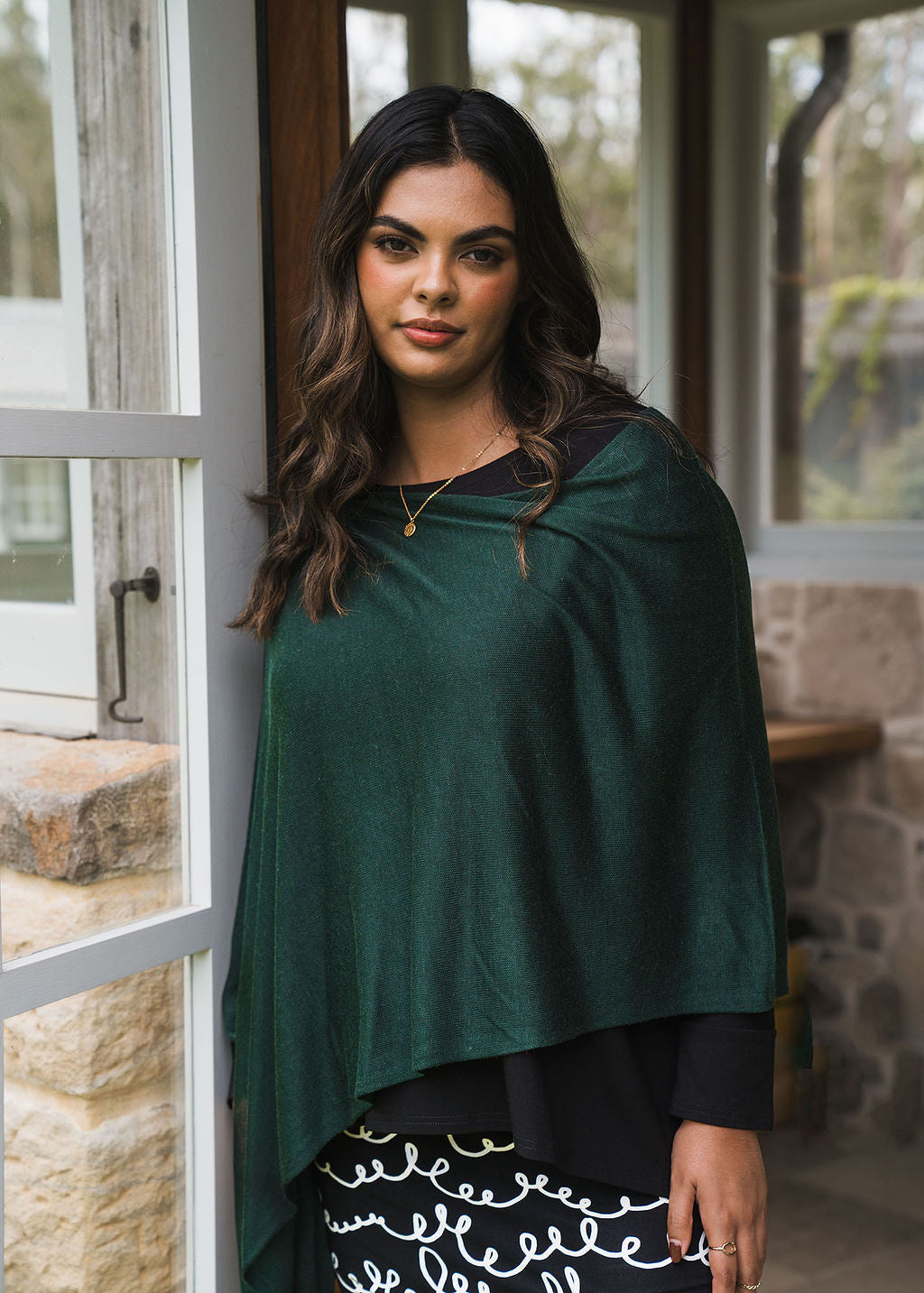 Lou Lou Carrie Cashmere & Bamboo Knit Poncho (Dark Green)