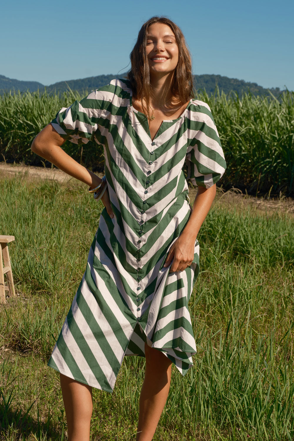 Image of Dresses. Product name - Itami Stripe Button Dress Olive in Olive colour by brand - Itami Division