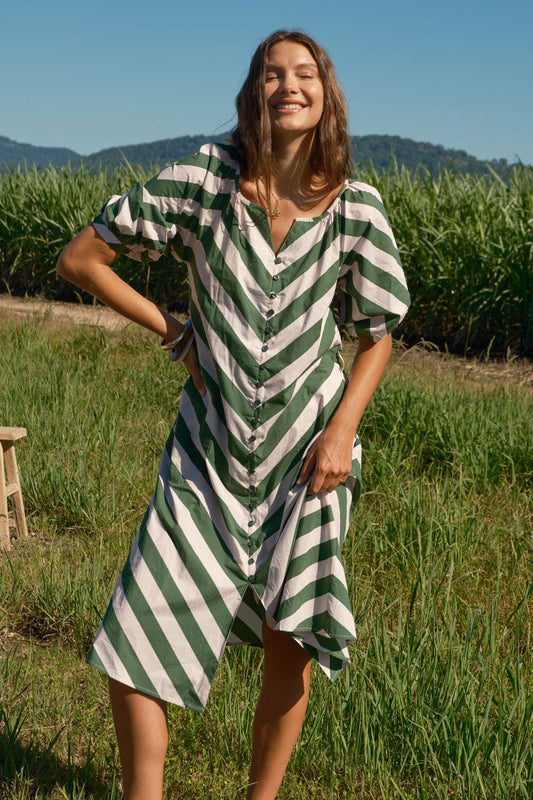 Image of Dresses. Product name - Itami Stripe Button Dress Olive in Olive colour by brand - Itami Division