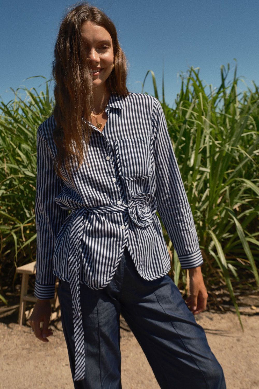 Image of a model wearing Tops. Productname: Rubyyaya Countryside Rose Top Navy in Navy colour by brand - Rubyyaya