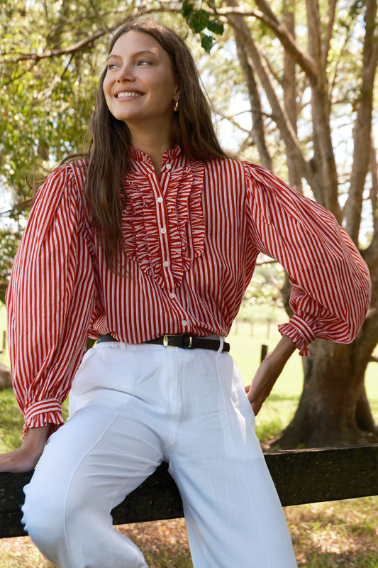 Image of a model wearing Tops. Productname: Rubyyaya Countryside Frill Top Red in Red colour by brand - Rubyyaya