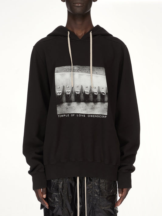 Image of a model wearing Outerwear. Product name - Urinal Oversized Hoodie in Black colour by brand - RICK OWENS DRKSHDW