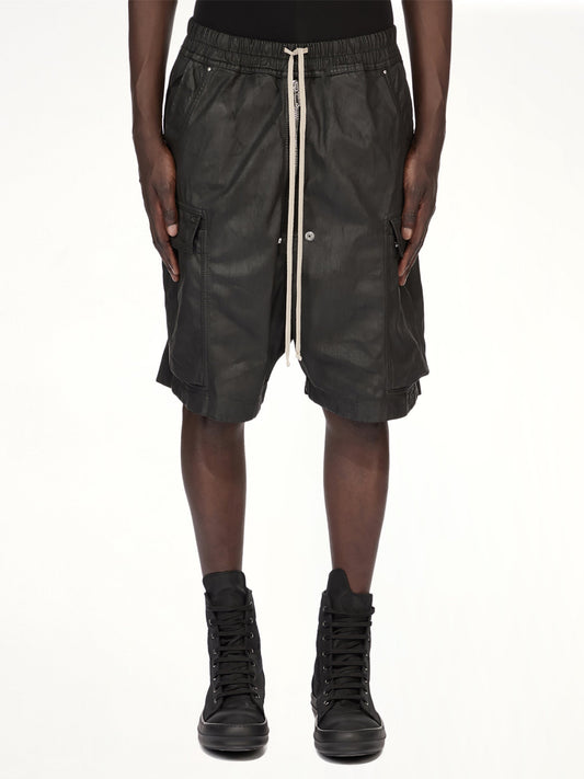 Image of a model wearing Shorts. Product name - Denim Cargobela Shorts in Black colour by brand - RICK OWENS DRKSHDW