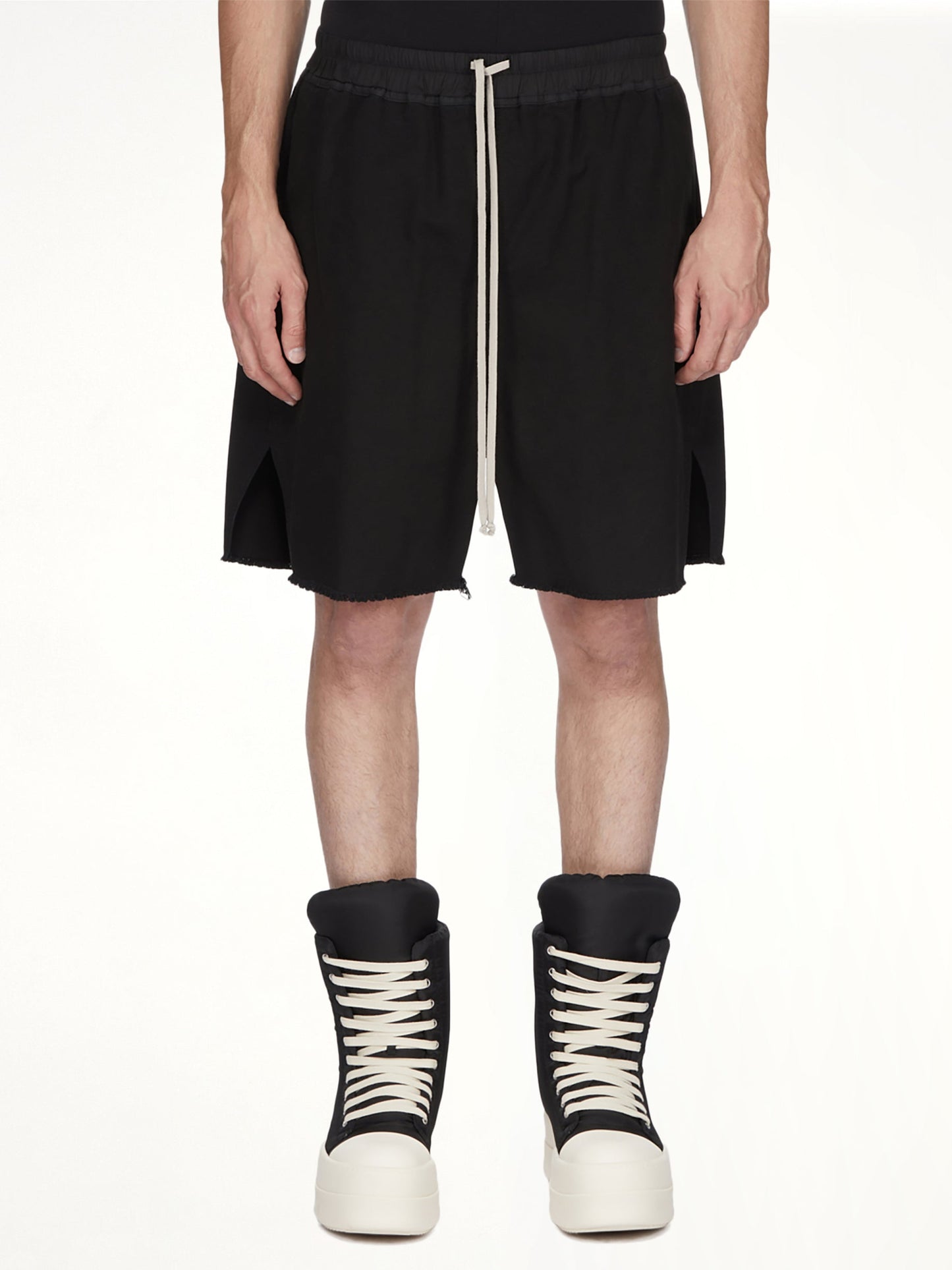 Image of a model wearing Shorts. Product name - Long Boxers Butt Zip in Black colour by brand - RICK OWENS DRKSHDW