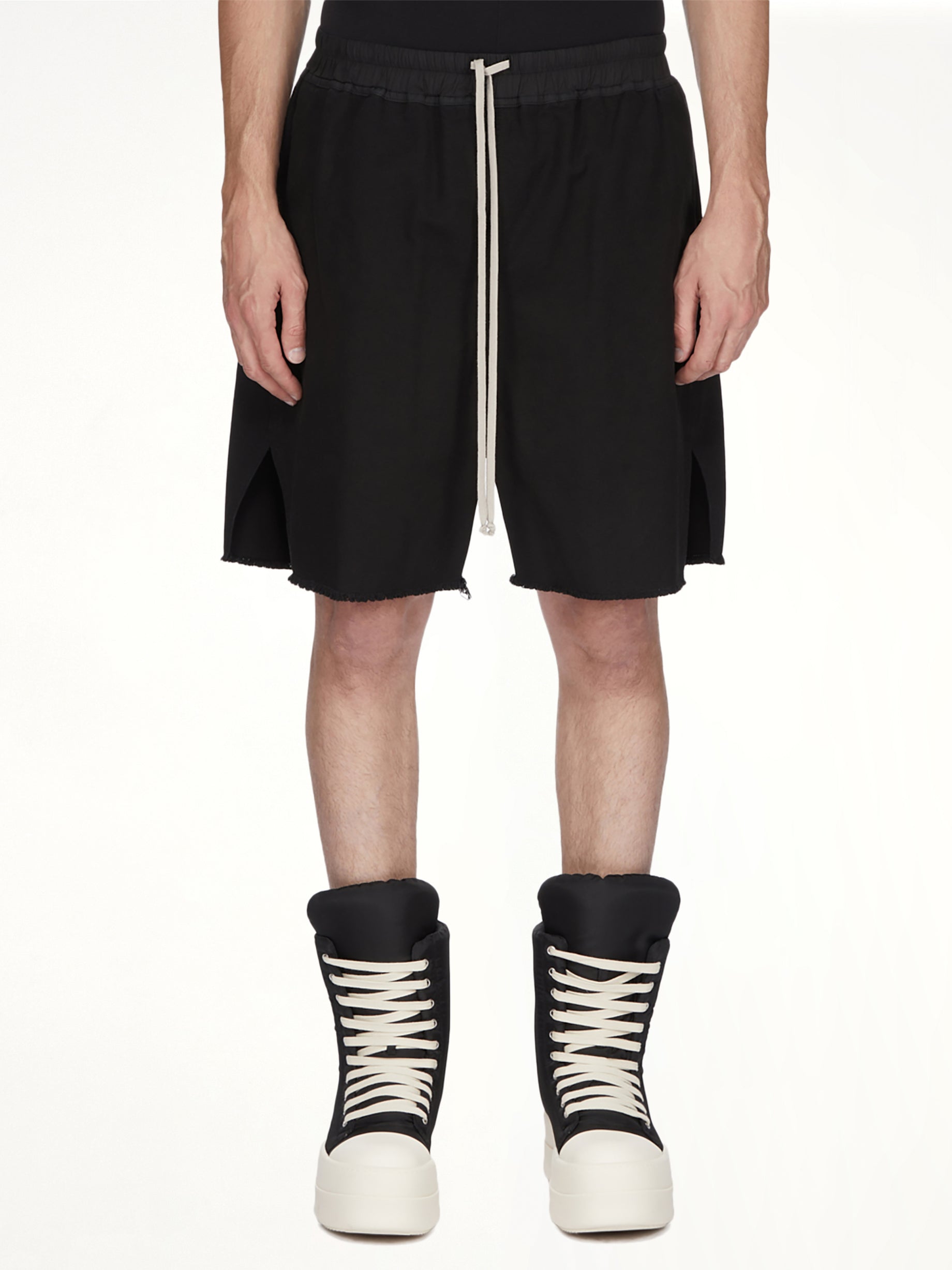Image of a model wearing Shorts. Product name - Long Boxers Butt Zip in Black colour by brand - RICK OWENS DRKSHDW