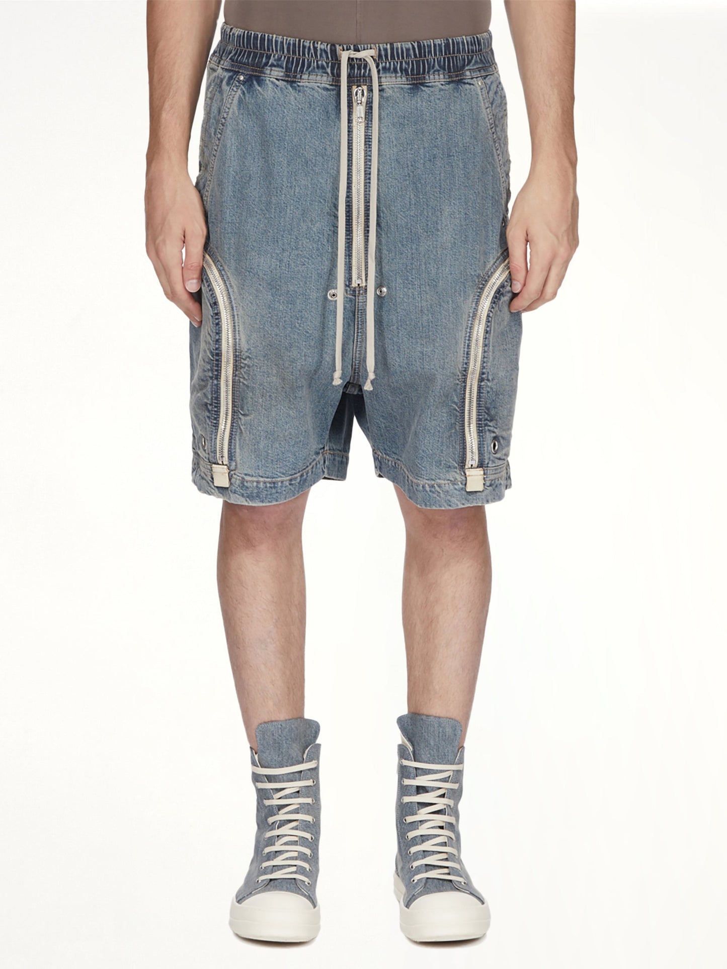 Image of a model wearing Shorts. Product name - Bauhaus Pods in Blue colour by brand - RICK OWENS DRKSHDW