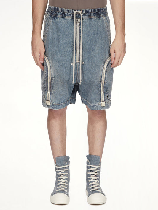 Image of a model wearing Shorts. Product name - Bauhaus Pods in Blue colour by brand - RICK OWENS DRKSHDW