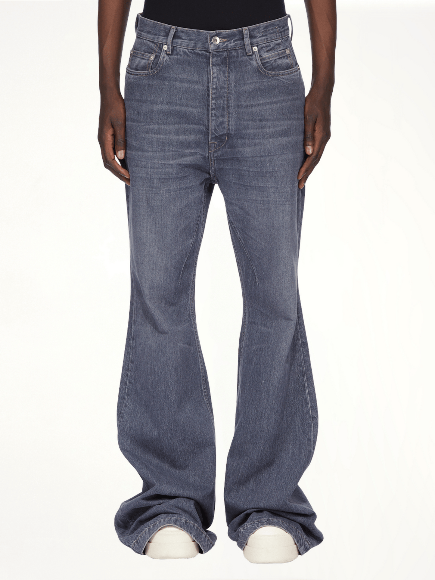 Image of a model wearing Denim. Productname: RICK OWENS DRKSHDW Bolan Bootcut in Grey colour by brand - RICK OWENS DRKSHDW