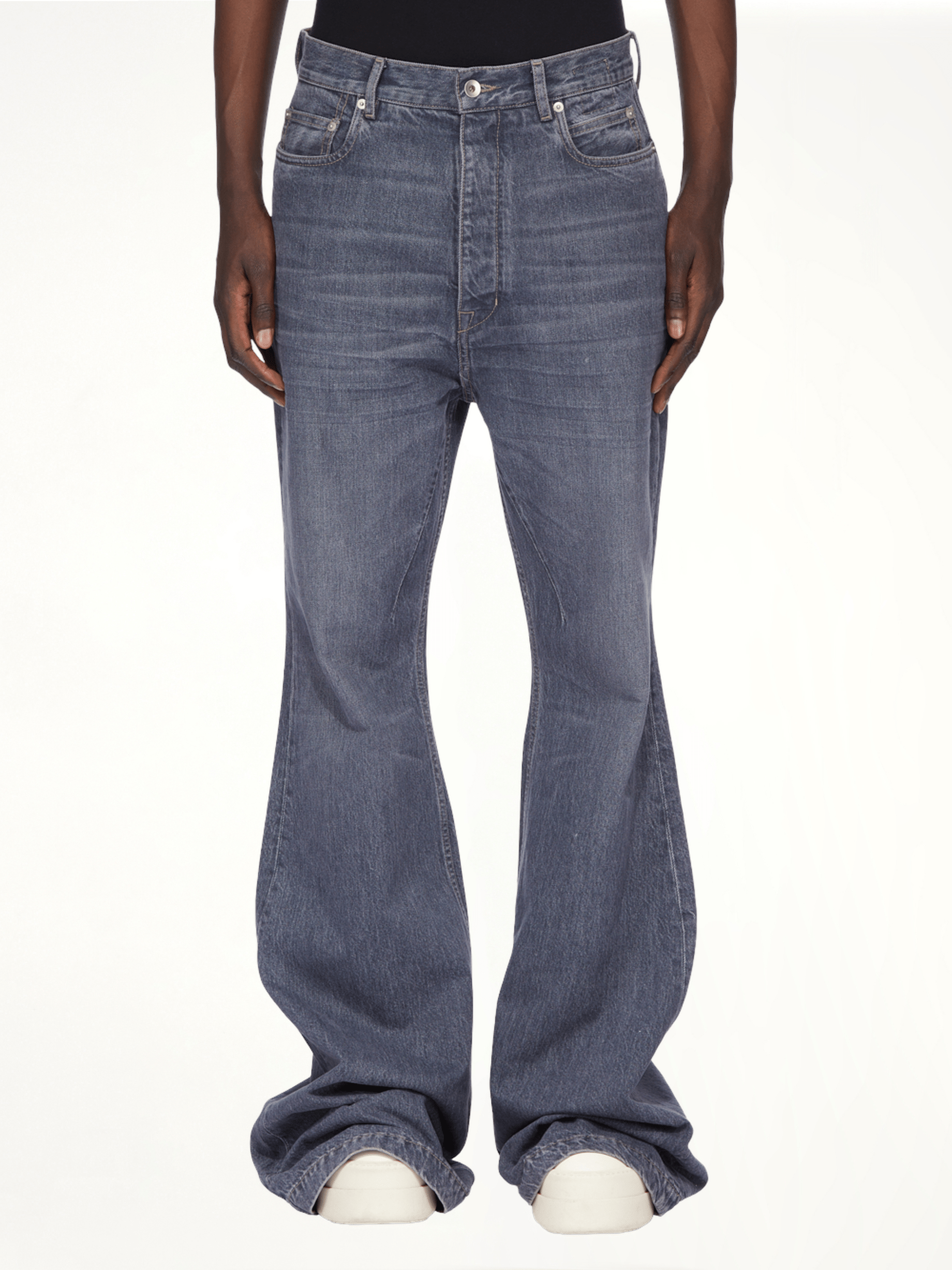 Image of a model wearing Denim. Productname: RICK OWENS DRKSHDW Bolan Bootcut in Grey colour by brand - RICK OWENS DRKSHDW