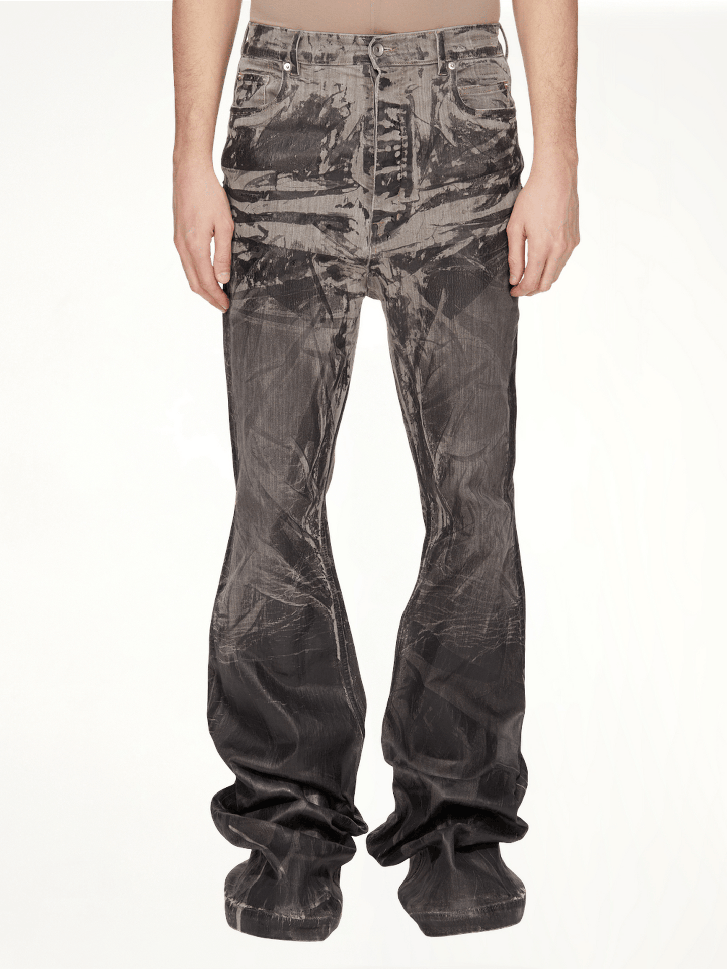 Image of a model wearing Denim. Productname: RICK OWENS DRKSHDW Bolan Bootcut Washed Foil in Black colour by brand - RICK OWENS DRKSHDW