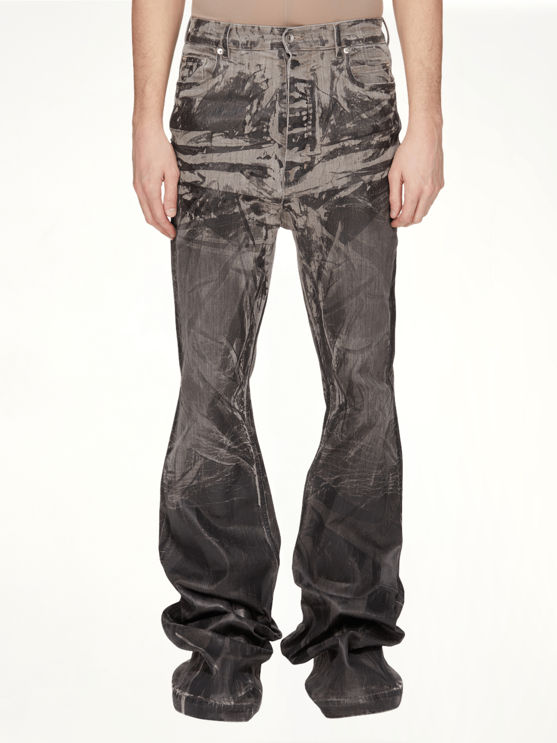 Image of a model wearing Denim. Productname: RICK OWENS DRKSHDW Bolan Bootcut Washed Foil in Black colour by brand - RICK OWENS DRKSHDW