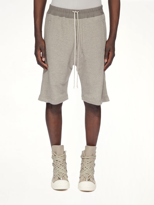 Image of a model wearing Shorts. Productname: RICK OWENS DRKSHDW Pusher Shorts in Grey colour by brand - RICK OWENS DRKSHDW
