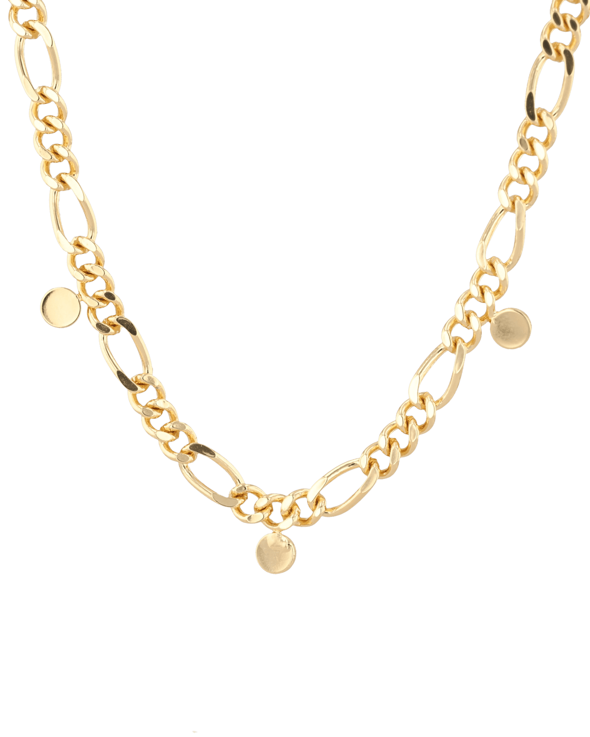Image of Necklaces. Product name - Dancing Discs Figaro Gold Chain Necklace in colour by brand - LAVANA