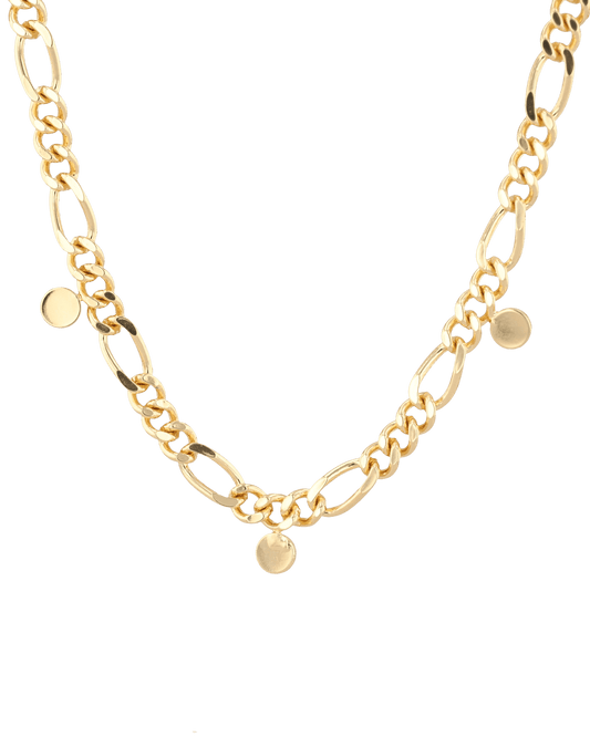Image of Necklaces. Product name - Dancing Discs Figaro Gold Chain Necklace in colour by brand - LAVANA
