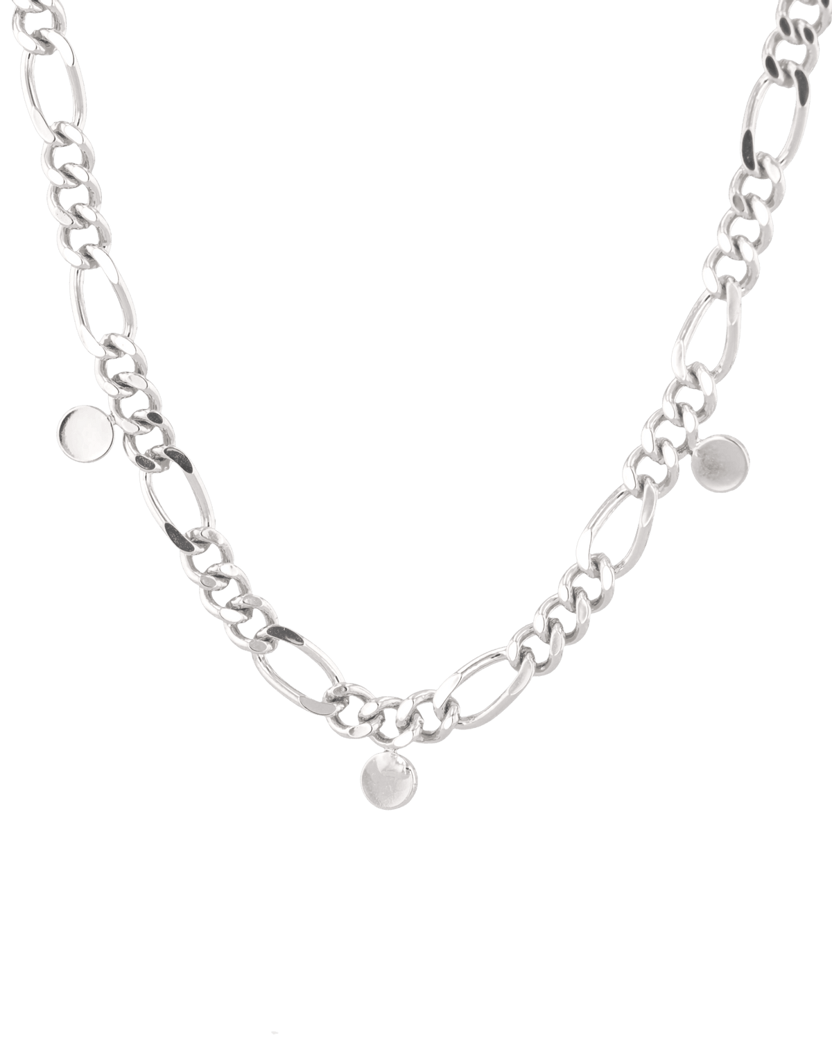 Image of Necklaces. Product name - Dancing Discs Figaro Silver Chain Necklace in colour by brand - LAVANA