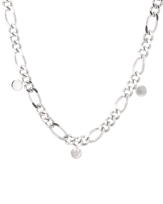 Image of Necklaces. Product name - Dancing Discs Figaro Silver Chain Necklace in colour by brand - LAVANA