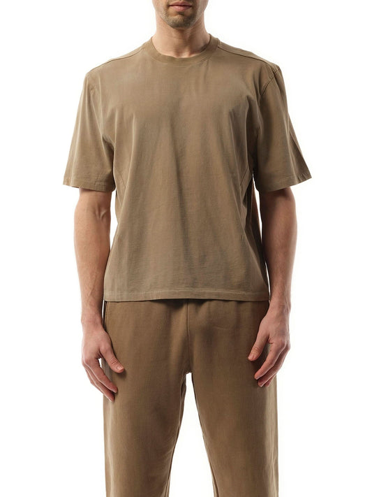 Image of a model wearing Tops. Productname: ENTIRE STUDIOS Dart T-Shirt in BROWN colour by brand - ENTIRE STUDIOS