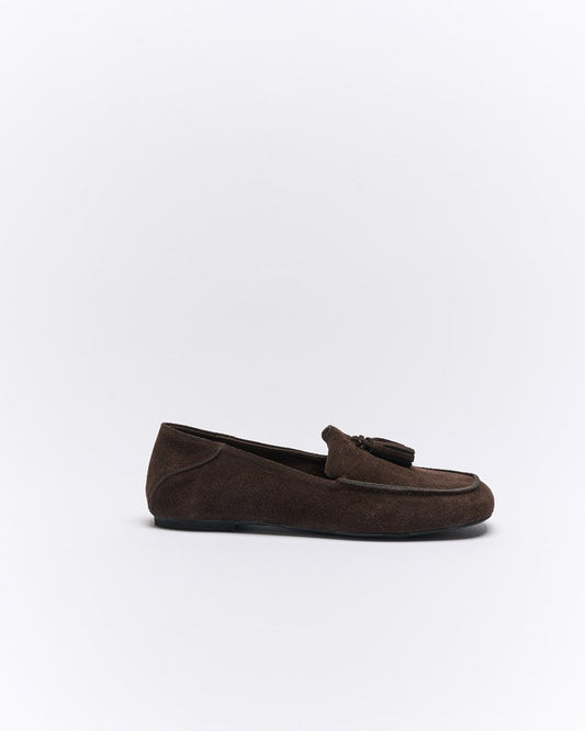Image of Flats. Productname: Dion Leather Loafer in Bitter Chocolate Suede colour by brand - Walnut Melbourne