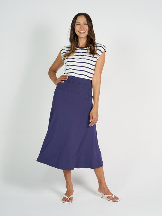 Image of a model wearing Tops. Product name - Donna Cap Sleeve Bamboo Tee Blue & White Stripe in Blue & White Stripe colour by brand - Lou Lou