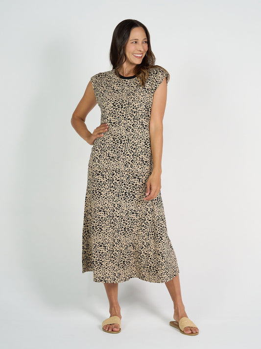 Image of a model wearing Tops. Product name - Donna Cap Sleeve Bamboo Tee Brown Leopard in Brown Leopard colour by brand - Lou Lou