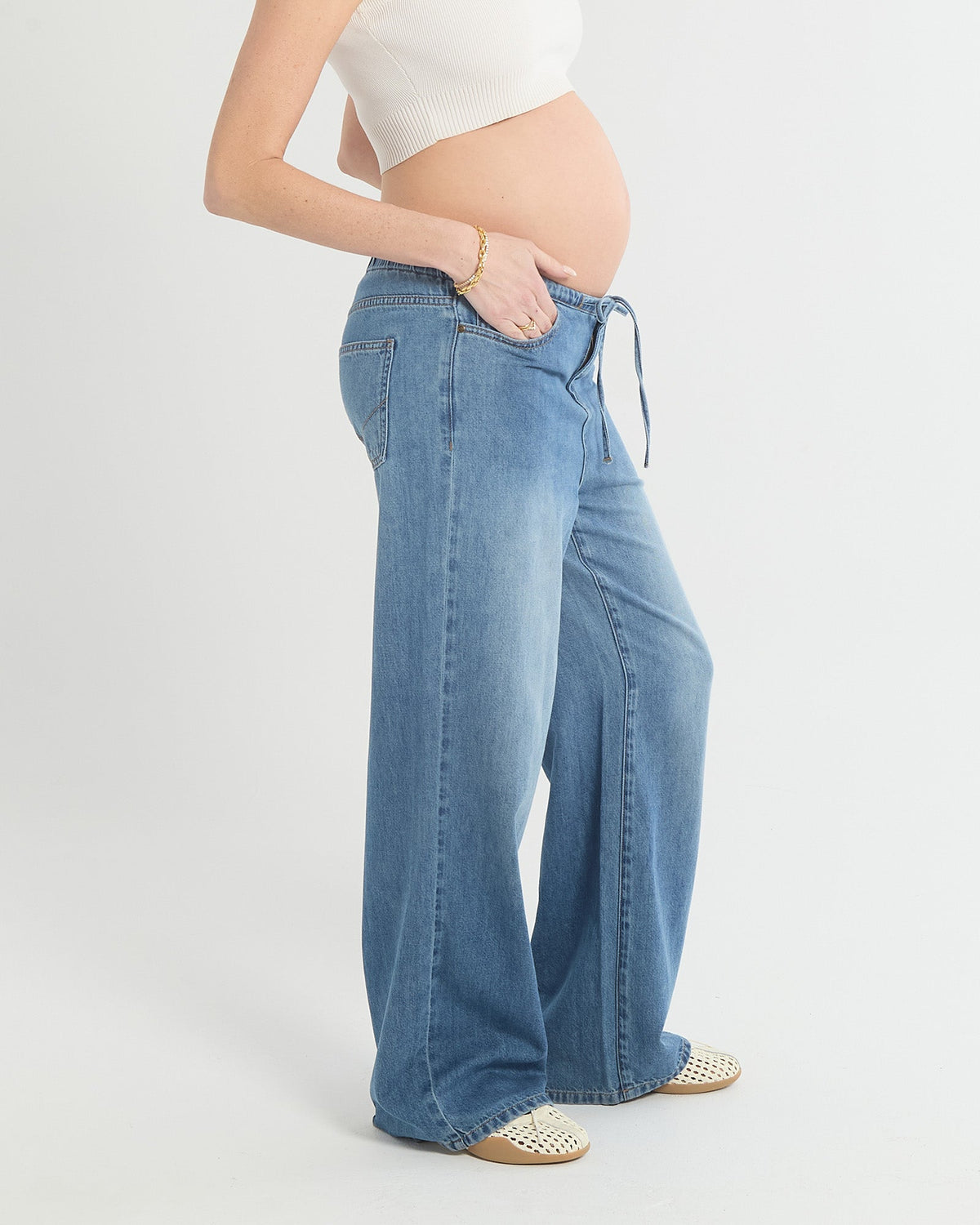 Soon Maternity Relaxed Wide Leg Drawstring Jeans (draped)