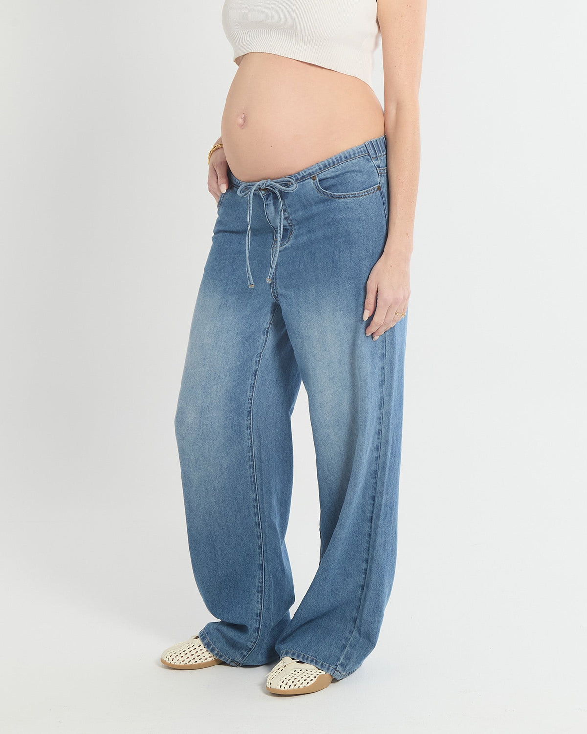 Soon Maternity Relaxed Wide Leg Drawstring Jeans (draped)
