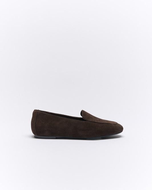 Image of Flats. Product name - Drew Leather Loafer in Bitter Chocolate Suede colour by brand - Walnut Melbourne