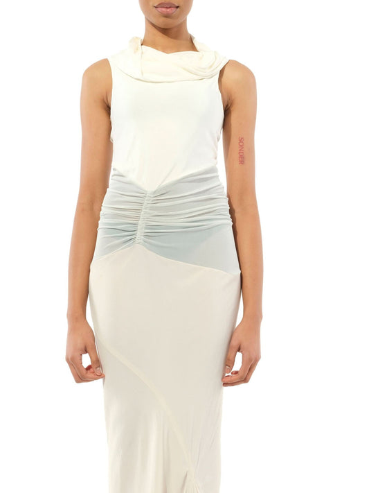 Image of a model wearing Dress. Productname: RICK OWENS Dustulator Dress in Chalk colour by brand - RICK OWENS