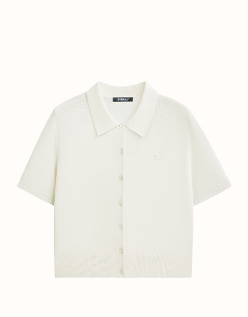 Image of a model wearing Tops. Product name - EVERAU® Elin Knit Polo in White colour by brand - Everau