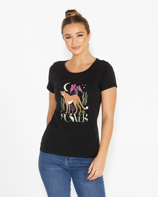 Image of a model wearing Tops. Product name - Kingsley Printed Tee Black in Black colour by brand - Sass Clothing