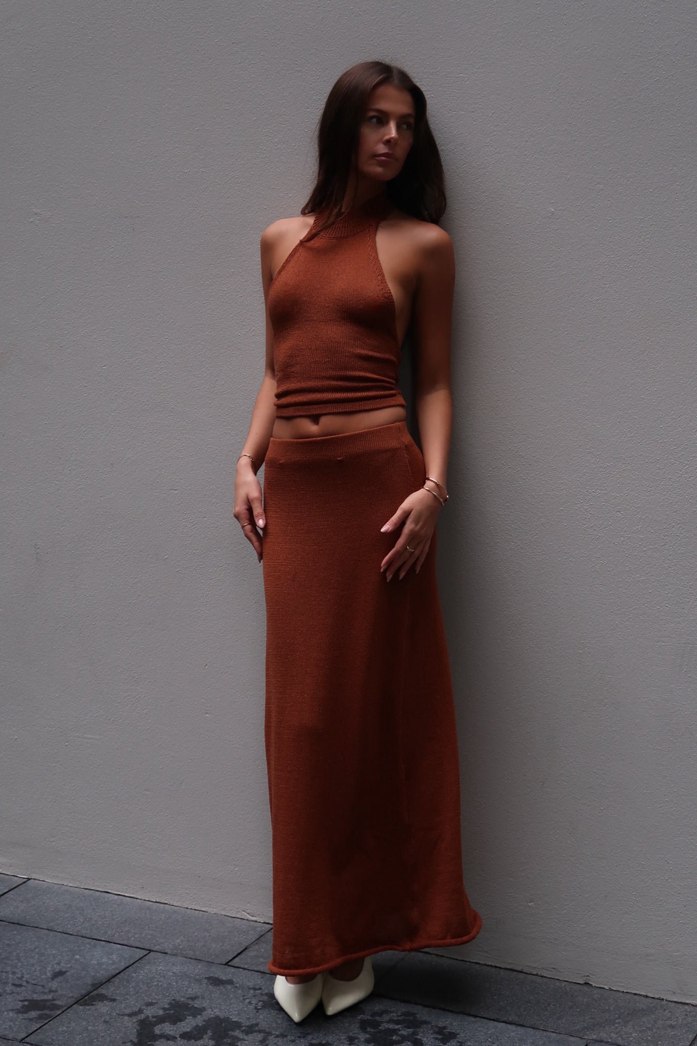 Image of a model wearing Skirts. Productname: SNDYS CALI MAXI SKIRT in Nutmeg colour by brand - SNDYS