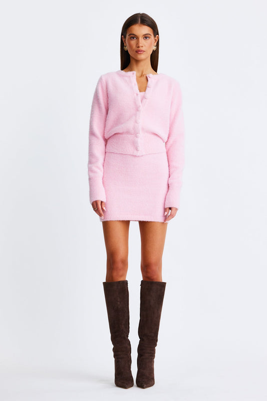 Image of a model wearing Outerwear. Productname: SNDYS KAILEY KNIT CARDIGAN in Pink colour by brand - SNDYS