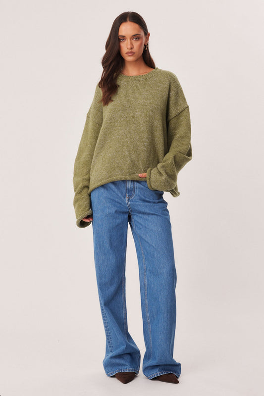 Image of a model wearing Outerwear. Productname: SNDYS ZOYA KNIT JUMPER in Khaki Marl colour by brand - SNDYS
