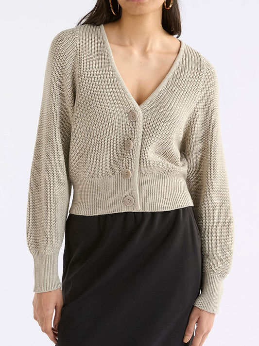 Image of a model wearing Outerwear. Productname: Elk Saari Cardigan in Ecru colour by brand - Elk