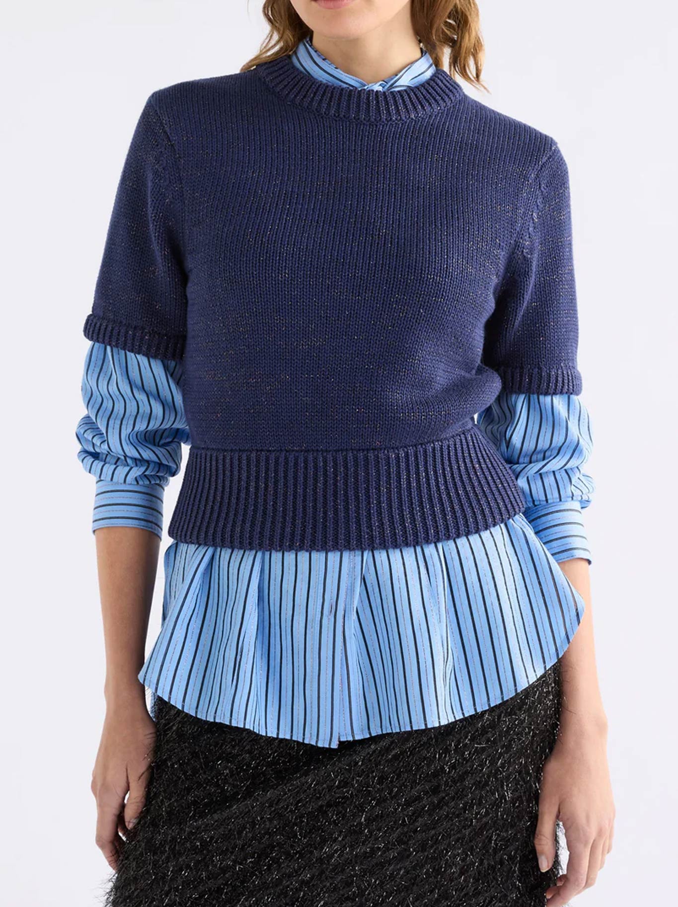 Image of a model wearing Tops. Productname: Elk Luft Lurex Knit Top in Navy Copper colour by brand - Elk