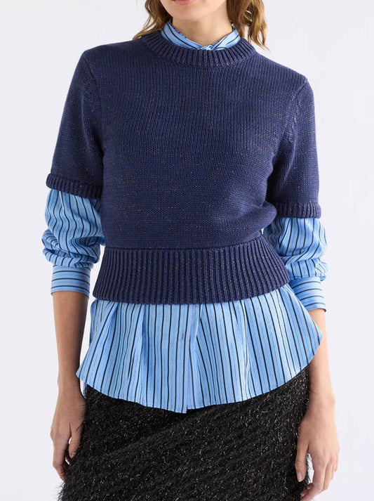 Image of a model wearing Tops. Productname: Elk Luft Lurex Knit Top in Navy Copper colour by brand - Elk