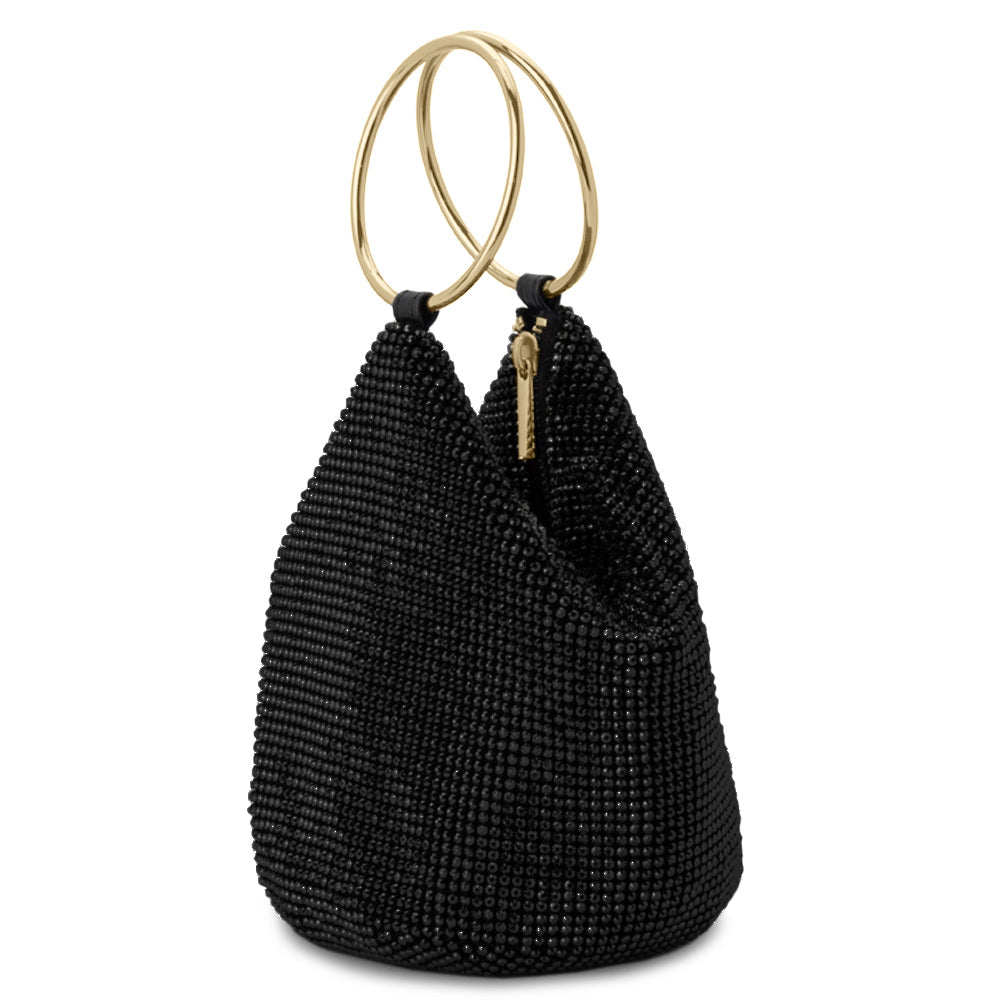 Olga Berg ELLIE Crystal Mesh Ring Handle Bag (Black)