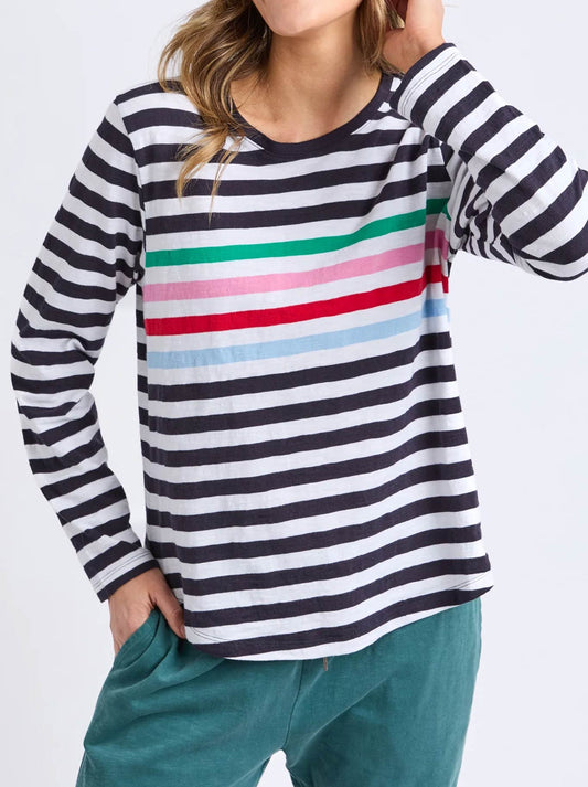 Image of a model wearing Tops. Productname: Elm Harmony Long Sleeve Tee in Rainbow colour by brand - Elm