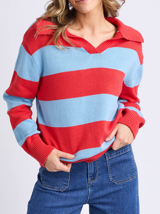 Image of a model wearing Tops. Productname: ELM STRIPED KNIT POLO in Red Stripe colour by brand - Elm