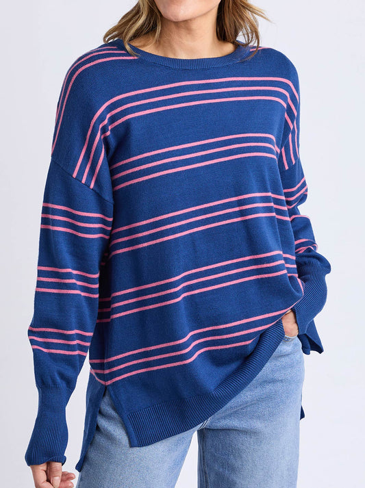 Image of a model wearing Tops. Productname: Elm Hailey Stripe Knit in Navy colour by brand - Elm