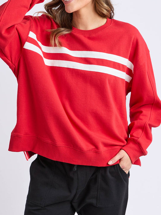 Image of a model wearing Tops. Productname: ELM AMELIE CREW in Cranberry colour by brand - Elm