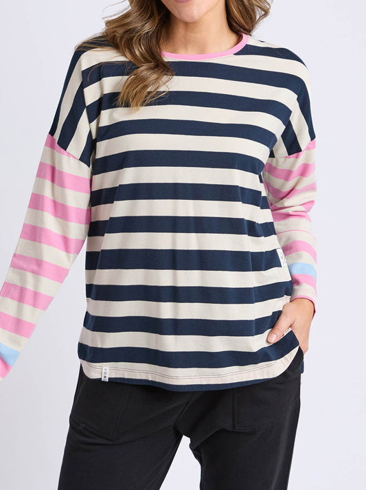 Image of a model wearing Tops. Productname: Elm Gaeb Stripe Long Sleeve Tee in White Navy colour by brand - Elm