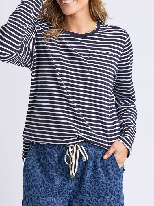 Image of a model wearing Tops. Productname: ELM DREA LONG SLEEVE TEE in Navy White Stripe colour by brand - Elm